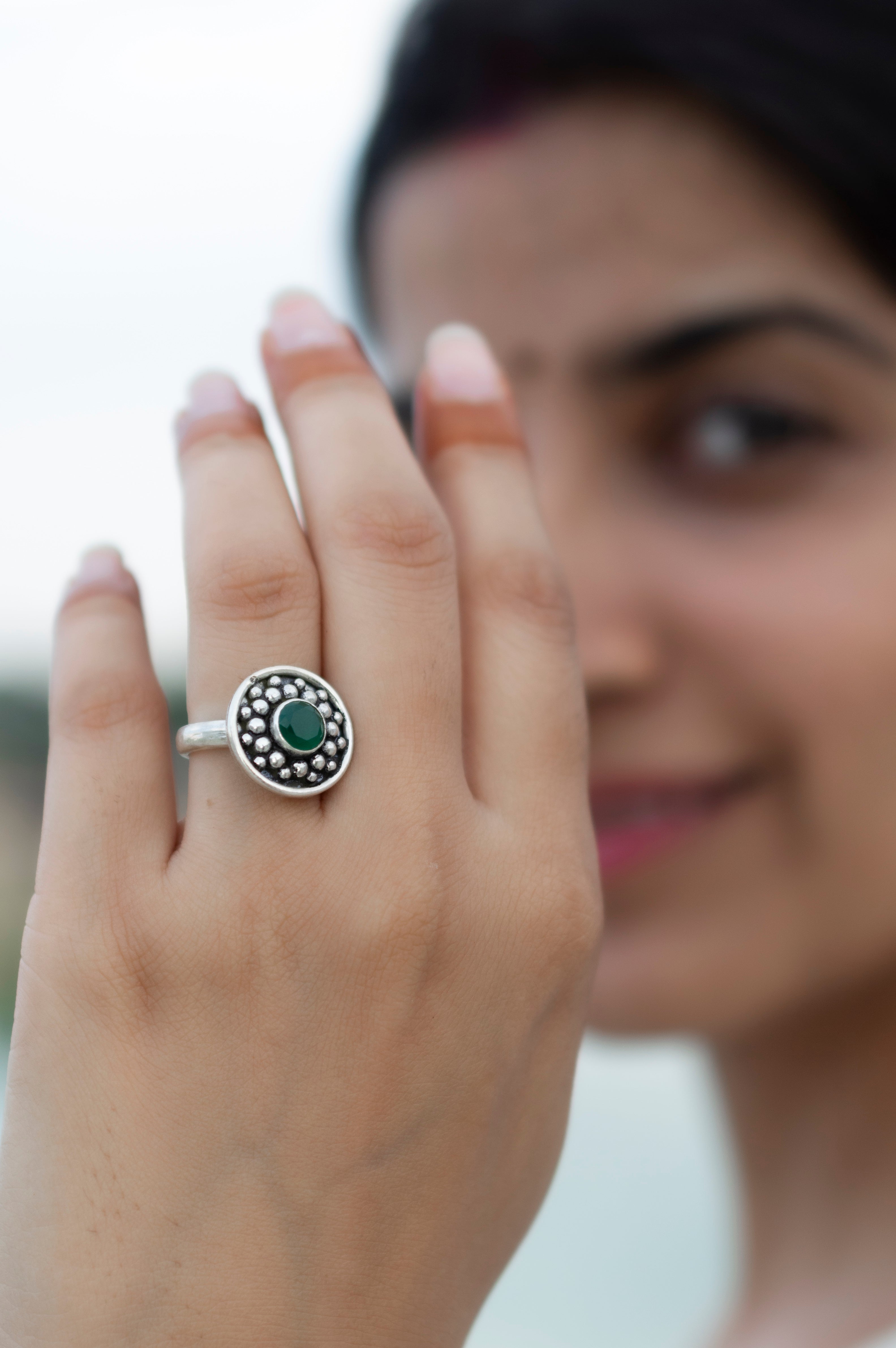Handcrafted Emerald Silver Adjustable Ring