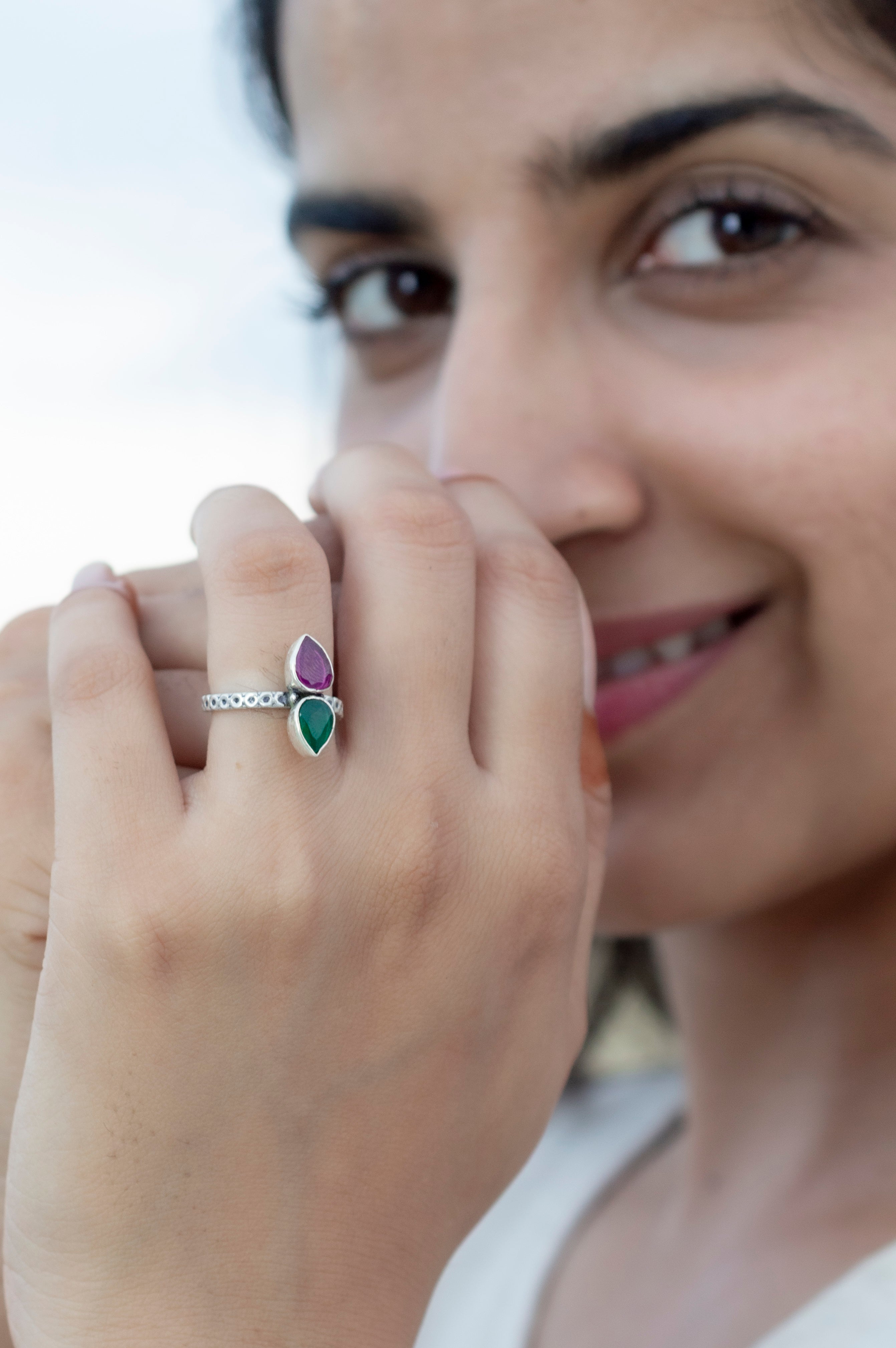 Handcrafted Ruby Emerald Silver Adjustable Ring