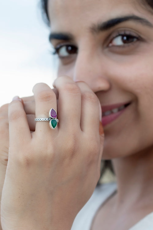 Handcrafted Ruby Emerald Silver Adjustable Ring