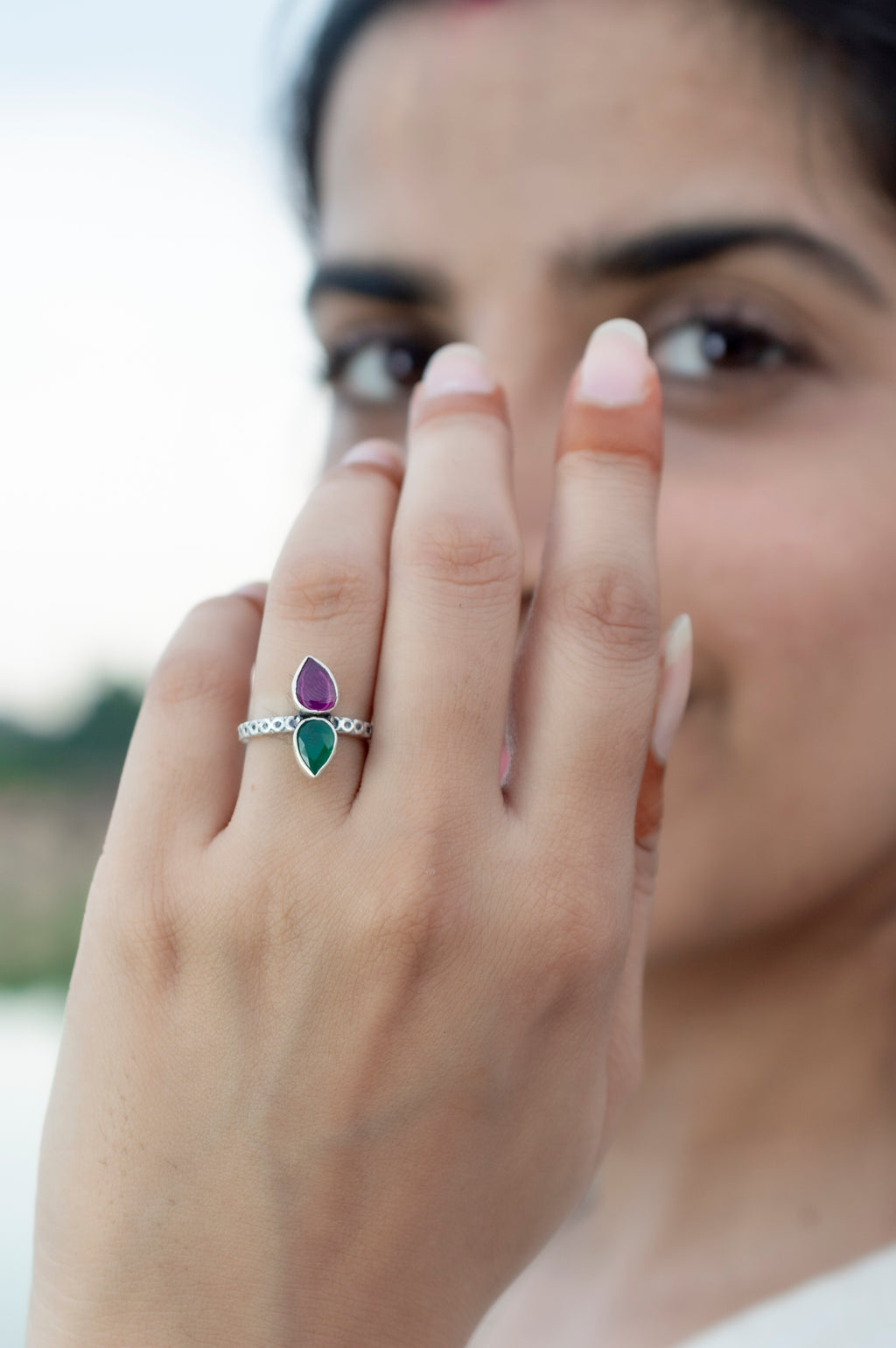 Handcrafted Ruby Emerald Silver Adjustable Ring