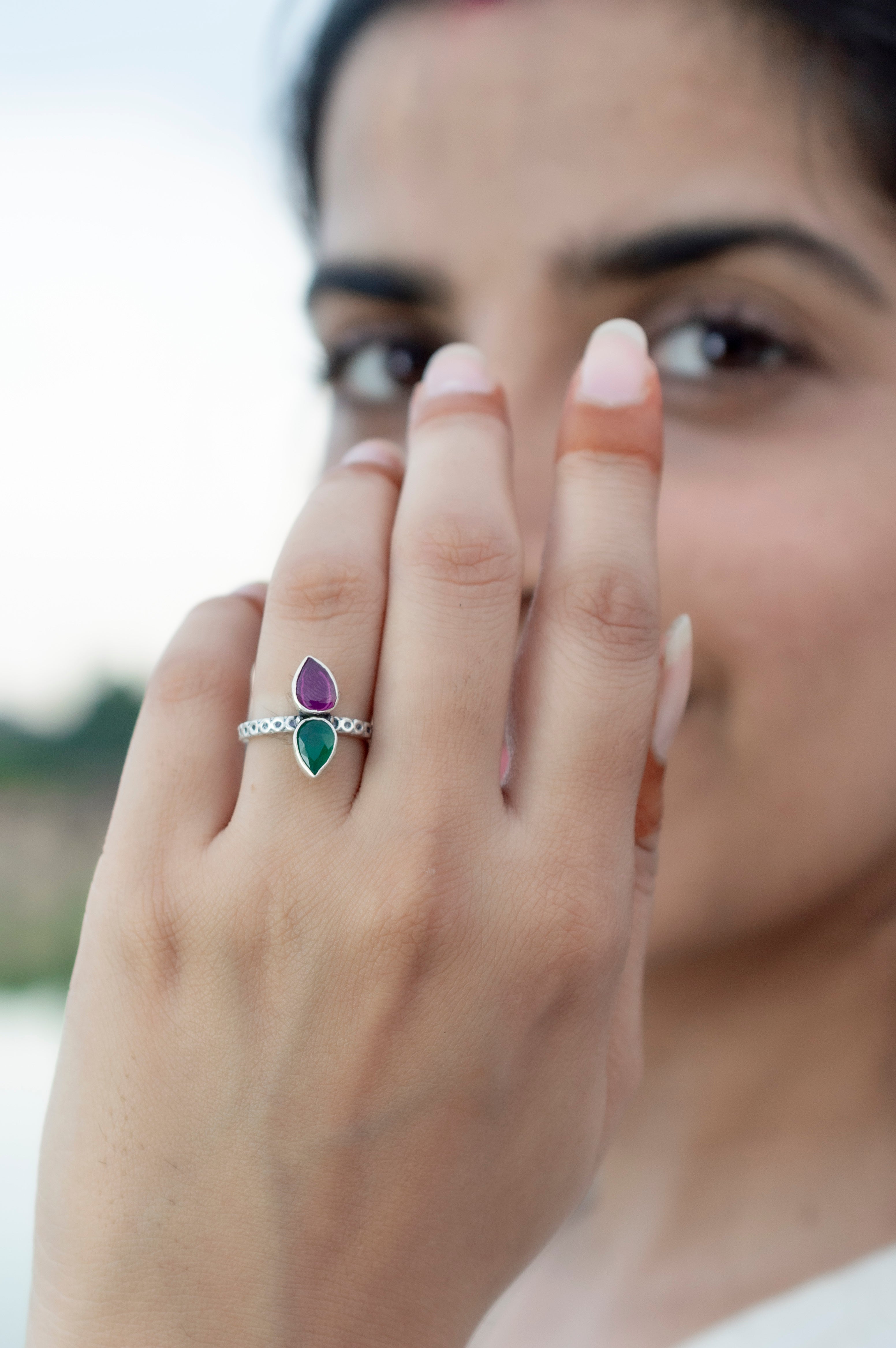 Handcrafted Ruby Emerald Silver Adjustable Ring