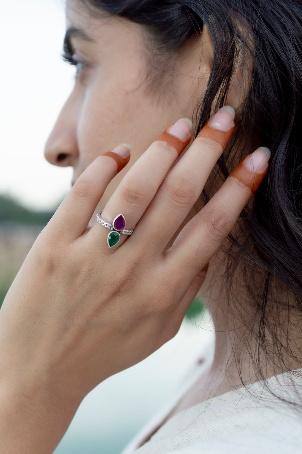 Handcrafted Ruby Emerald Silver Adjustable Ring