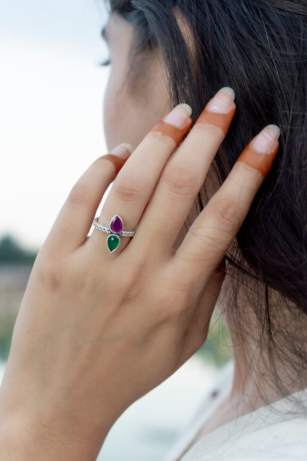 Handcrafted Ruby Emerald Silver Adjustable Ring