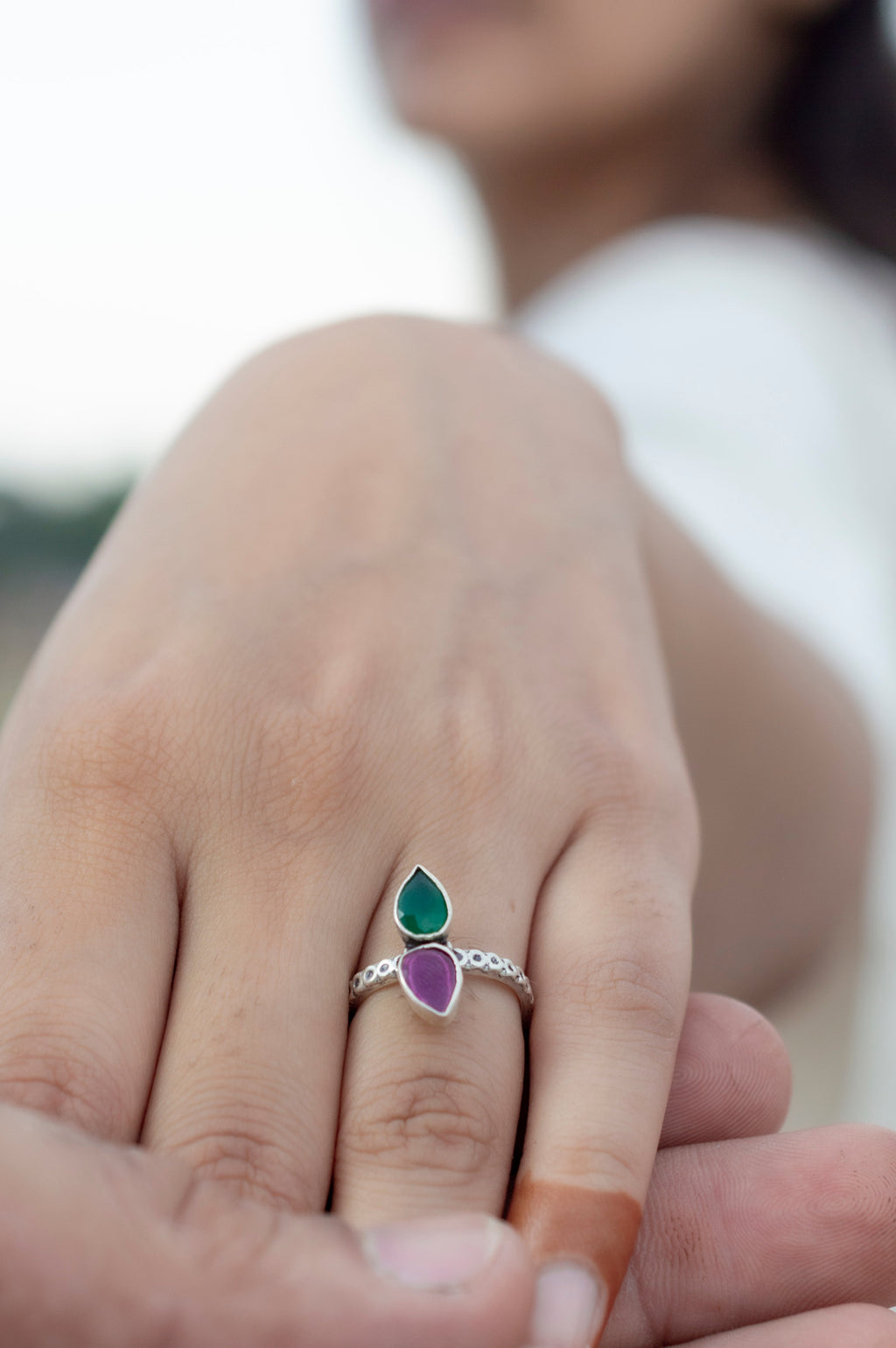 Handcrafted Ruby Emerald Silver Adjustable Ring