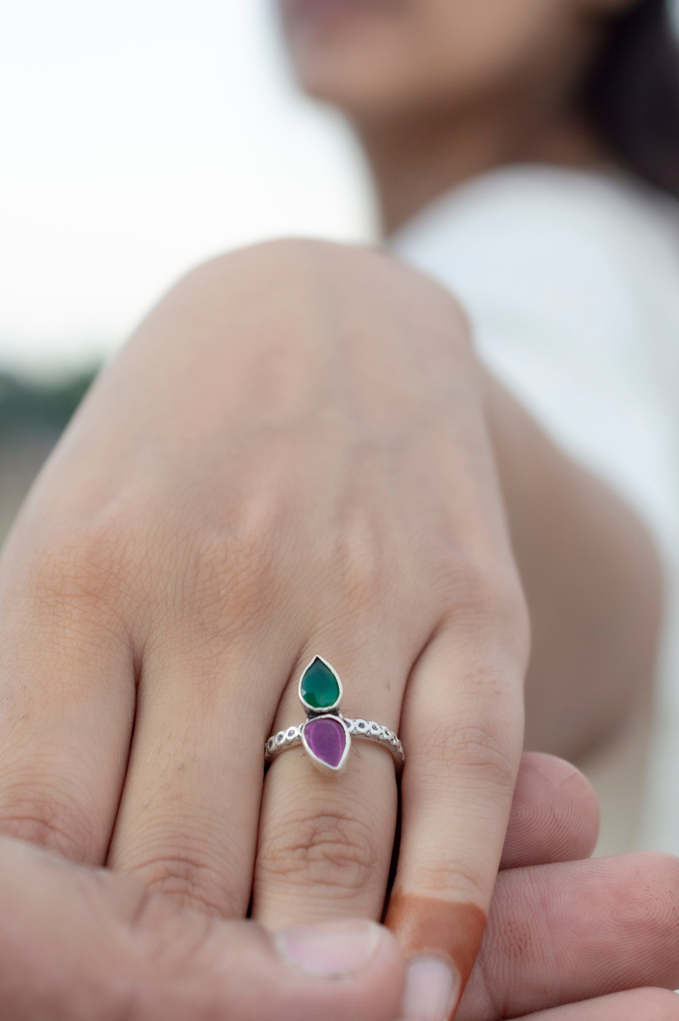 Handcrafted Ruby Emerald Silver Adjustable Ring